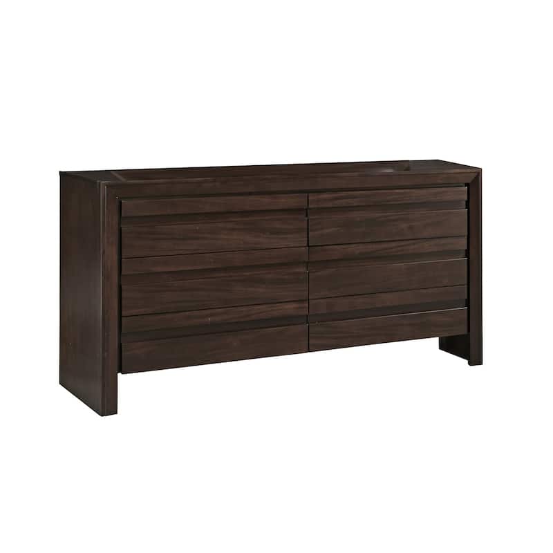 Oxo 64 Inch Dresser, 6 Drawers, Carved Handles, Chocolate Brown Wood.