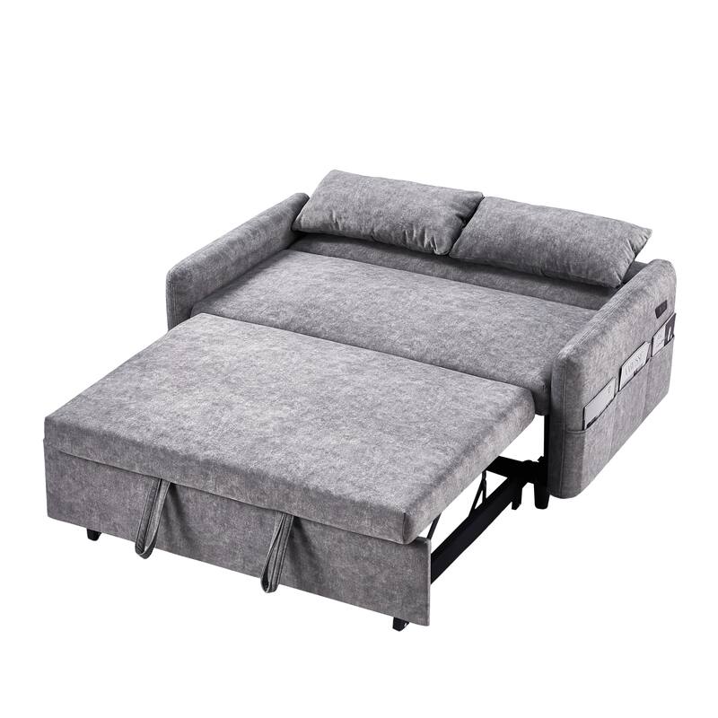 3-in-1 Pull Out Sofa Bed, Couch Bed with Adjsutable Back and Storage Pockets, 2 Seater Sofa with 2 Soft Pillows and USB Ports