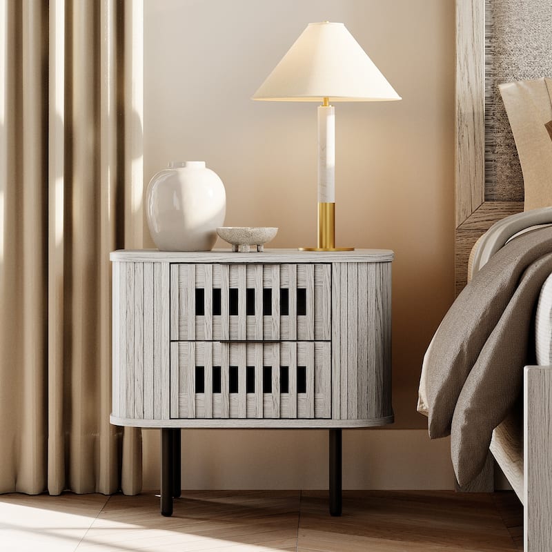 WAMPAT Fluted Nightstand with 2 Drawers,Wood End Table for Bedroom, Living Room - White Washed - 2-drawer