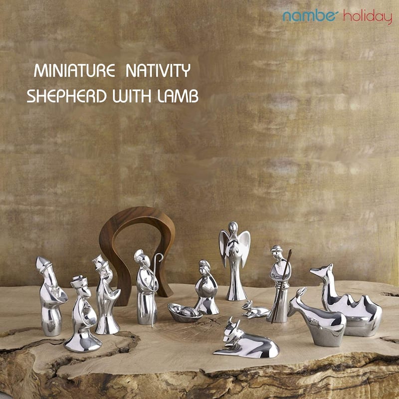 Nambe Miniature Nativity Figurines Shepherd and Lamb - Shepherd: 2” W x 4.5” H Lamb: 2” L x 1” H