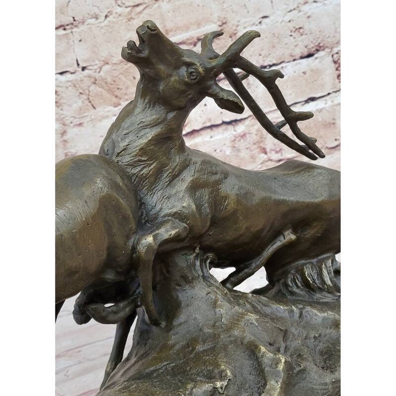 Two Elk Fighting Bronze Sculpture Animal Wildlife Marble Base Figurine Figure