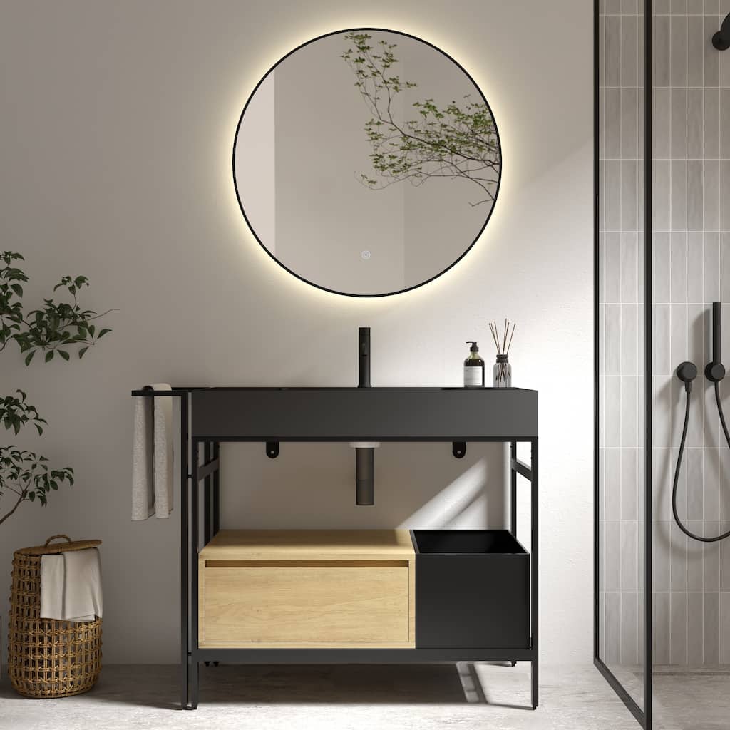 36" Industrial Modular Bathroom Vanity - Metal Frame with Seamless Artificial Stone Basin(Drain & Faucet Not Included)