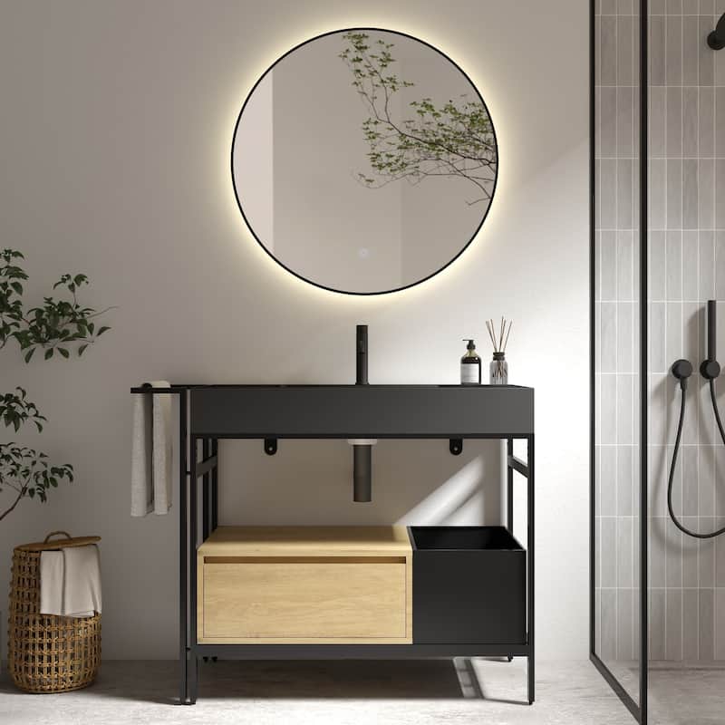 GDFStudio - Forte Industrial Metal Frame Bathroom Vanity with Artificial Stone Basin, Towel Rack & Open Storage - Oak,Black - 36"