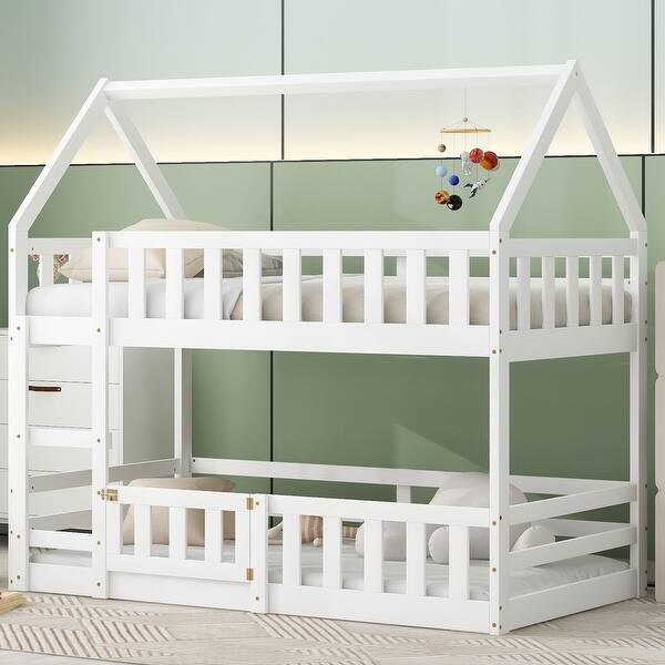 slide 2 of 17, Twin over Twin House Bunk Bed with Fence and Door, White - Solid Pine Wood, Playful Design with Whimsical Roof and Guardrails White
