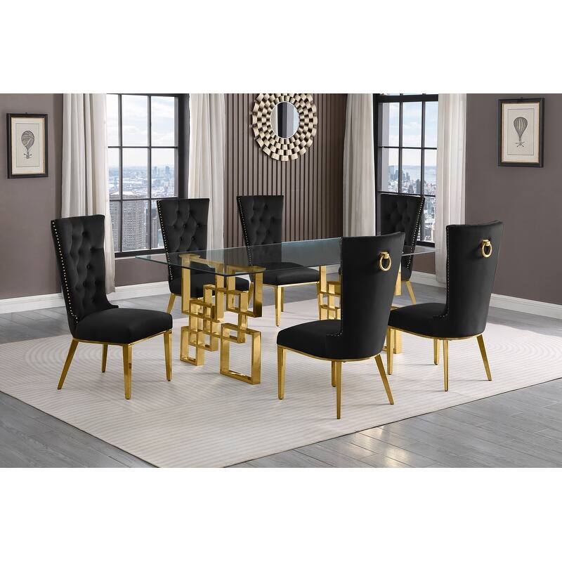 Best Quality Furniture D221/2-SC330-7 Dining Set with 12mm Tempered Glass - 7-Piece - Black with Gold