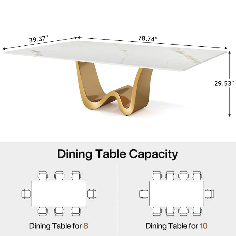 79" Modern Dining Table for 8 Rectangle Dining Table, Luxury White & Gold Kitchen Table with Sintered Stone