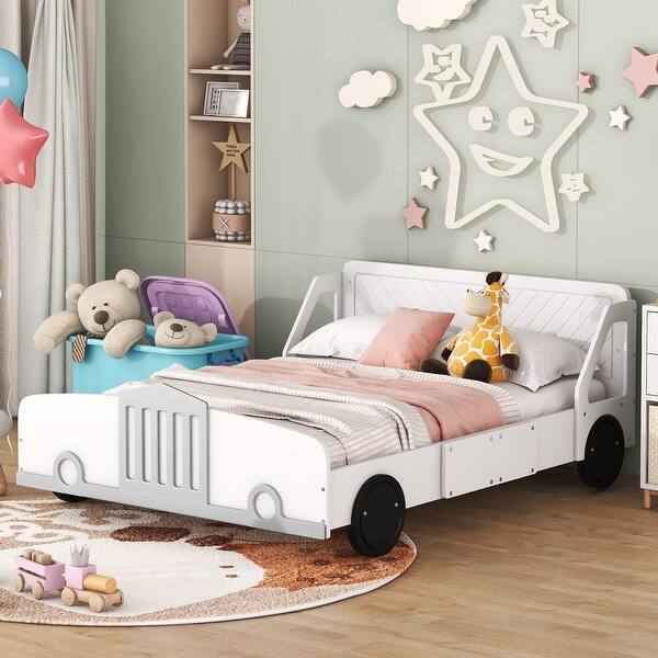 slide 2 of 10, Full Size Car-Themed Platform Bed with Rolling Wheels and Side Rails for Safe and Stylish Sleep White