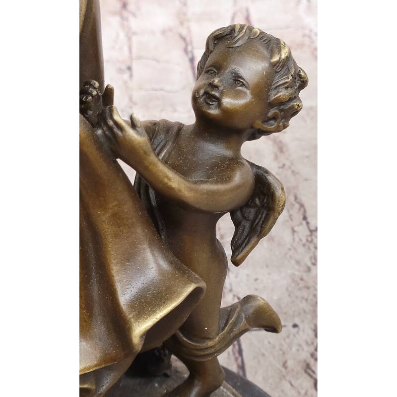 Young Woman W/ Flower Basket Winged Cherub Child - Bronze Sculpture By Milo