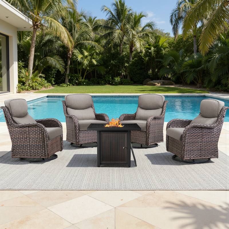 Meyreso 5-Piece Outdoor Patio Wicker Fire Pit 4 person Conversation Set with 5-Inch Thick Cushions - Gray Cushions - Brown Wicker