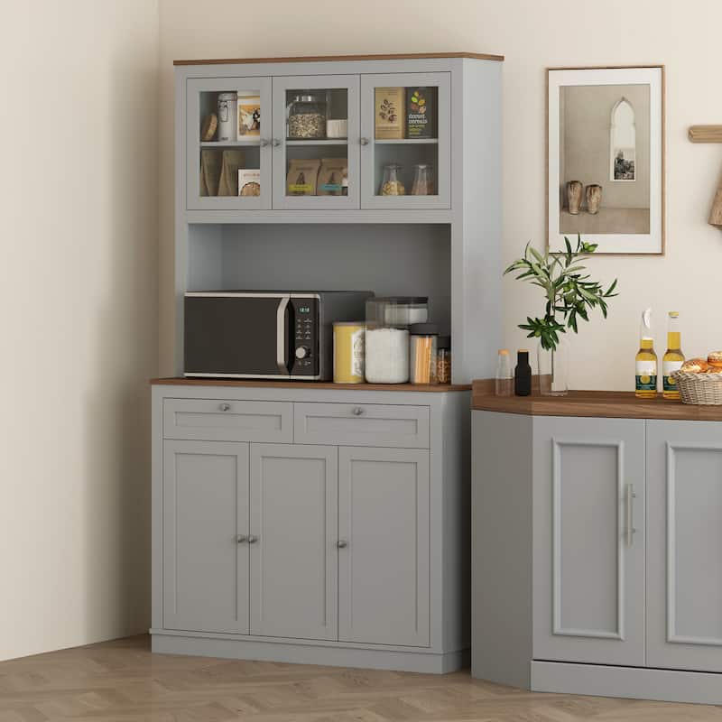 HOMCOM 71" Tall Kitchen Pantry Storage Cabinet with Microwave Stand, Adjustable Shelves and Glass Doors for Kitchen, White