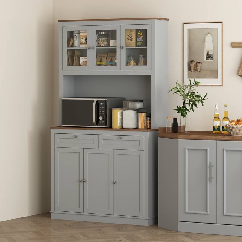 Tall Adjustable Shelves Kitchen Pantry Cabinet with Glass Doors and 8 Compartments 2 Drawers - 39.4" W x 15.7" D x 70.9" H