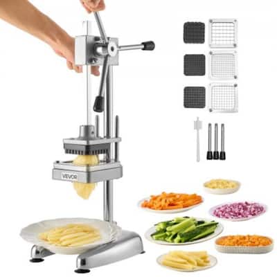 Silver Stainless Steel French Fry Cutter with 3 Blade Sizes - 7.48 x 8.46 x 19.69 inch