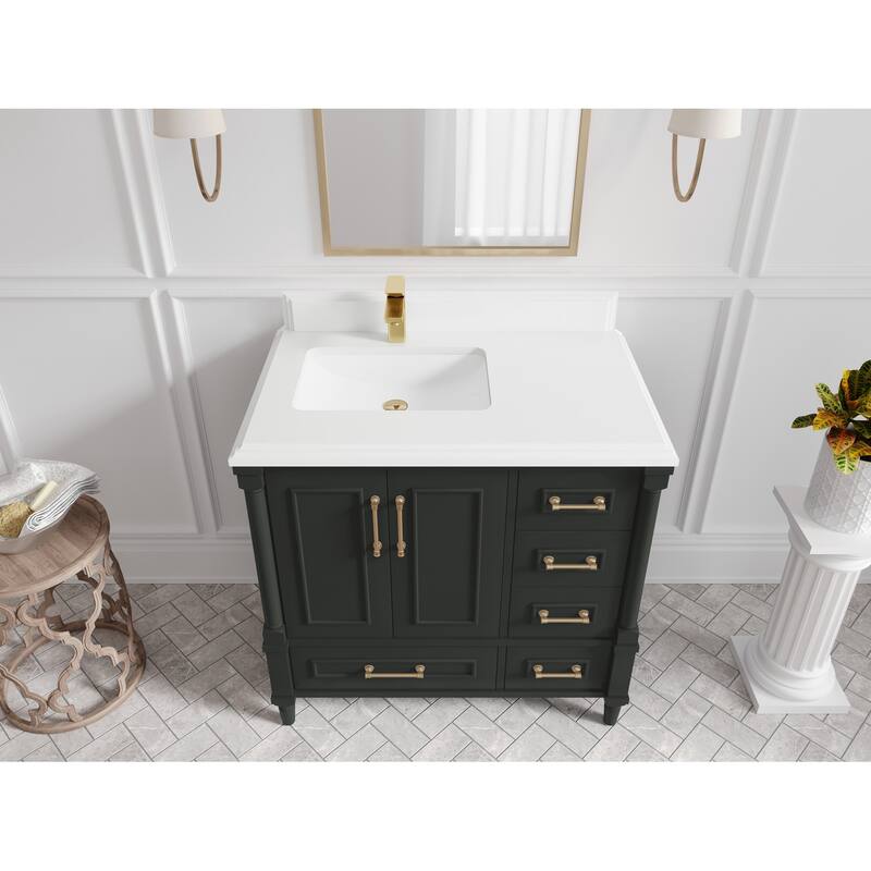 Willow Collections 36 in. W x 22 in. D Aberdeen Left Offset Sink Bathroom Vanity with Countertop - 1.5" White Quartz - Black Top