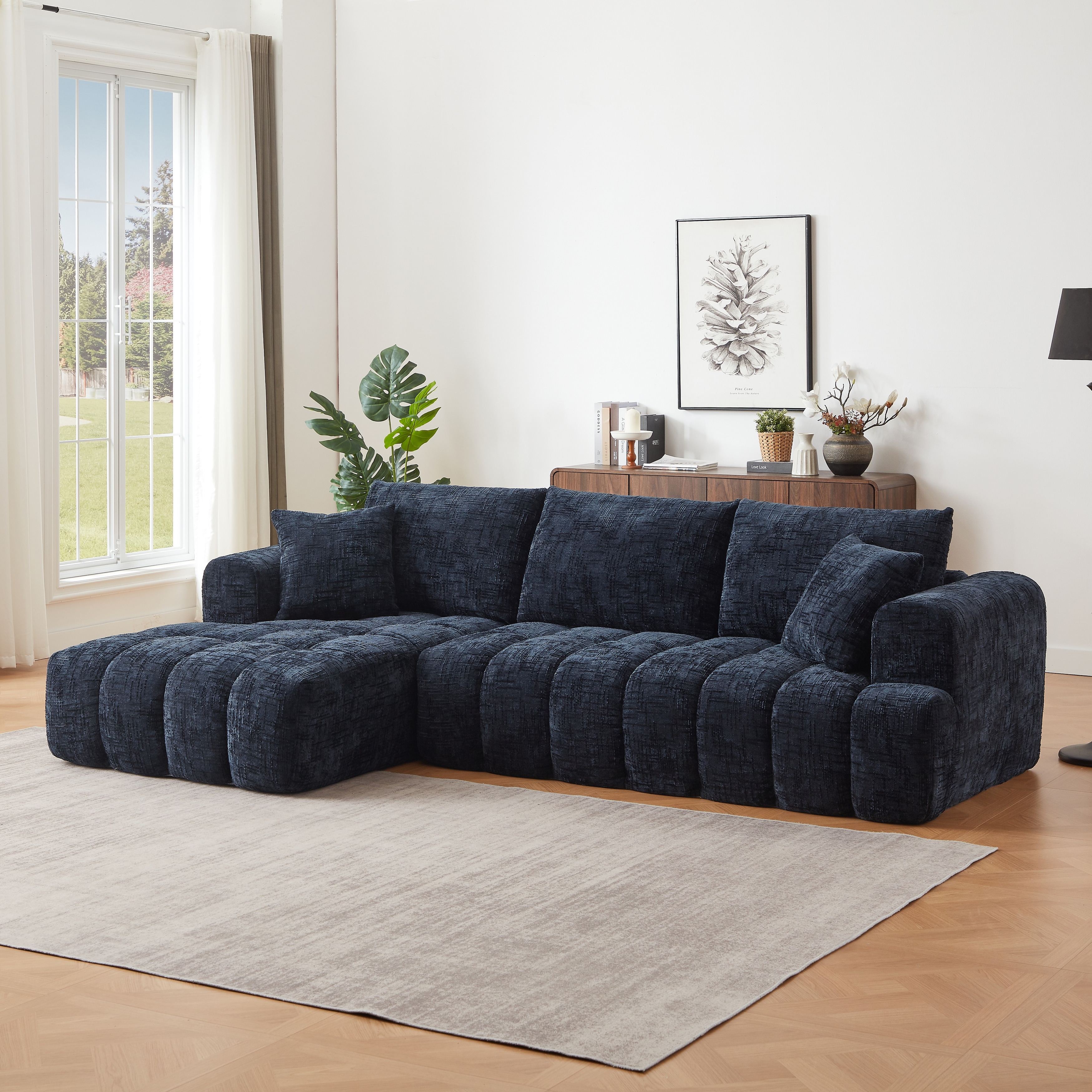 Oversized Chenille Sectional Sofa, Full-Compressed 4 Seater Sofa, Upholstered Sleeper Couch with L-Shape Chaise