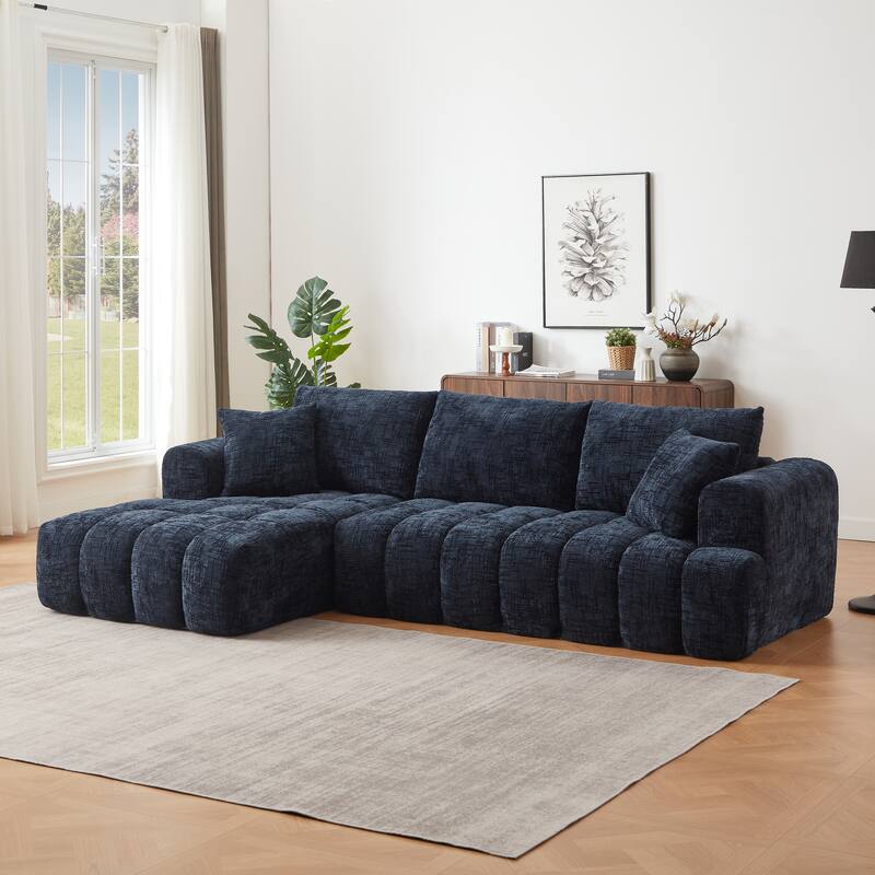 Oversized Chenille Sectional Sofa, Full-Compressed 4 Seater Sofa, Upholstered Sleeper Couch with L-Shape Chaise - Dark Blue