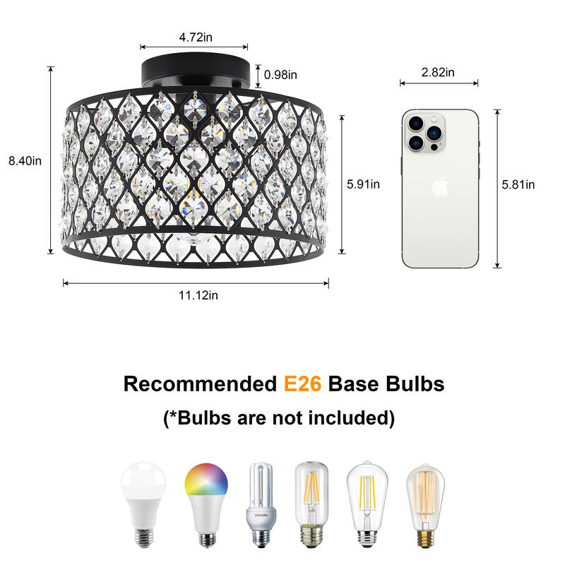 1-Light Modern Vintage Drum Crystal Semi-Flush Mount Ceiling Light