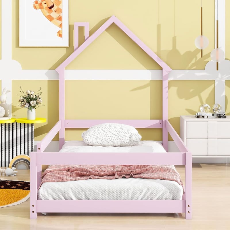 Twin Size House-Shaped Headboard Floor Bed with Fences - Pink