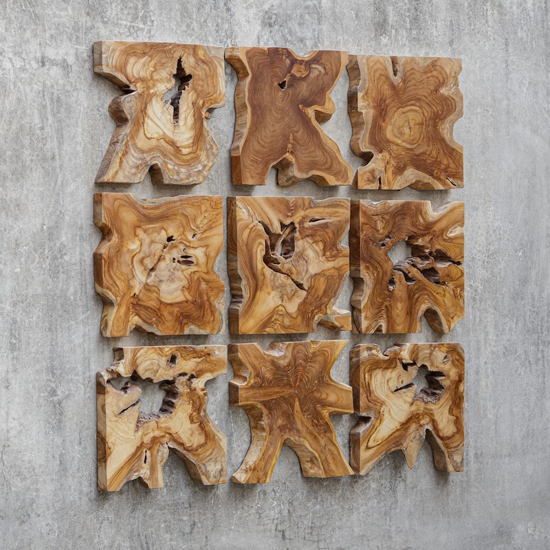 Teak Wood Cross Section Wall Art - 16" - Set of 9