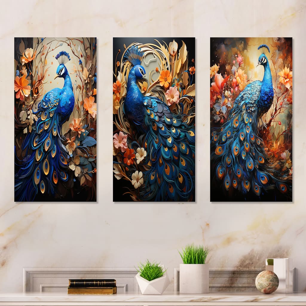 Designart "Majestic Blooming Plumage Peacock" Peacock Canvas Set of 3 - Modern Wall Art Set Blue Wall Art 3 Pieces