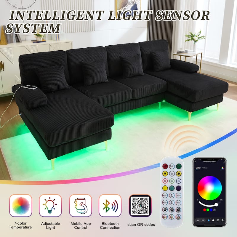 HOMEFUN Corduroy Upholstered U-shaped Adjustable Light Modular Sectional Sofa With Type-C and USB ports