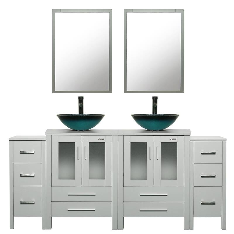 72" Bathroom Vanity Set Vessel Sink Cabinet Mirror Combo - Grey - turquoise square sink