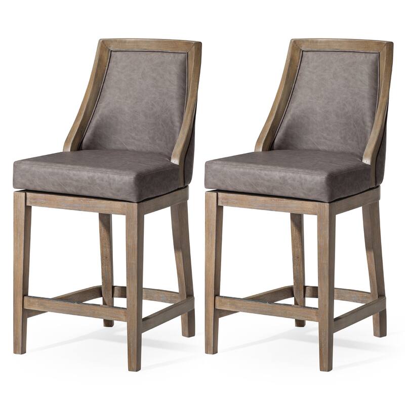 Maven Lane Vienna Swivel Kitchen Stool - Set of 2 - Reclaimed Oak Vegan Leather - Counter Height
