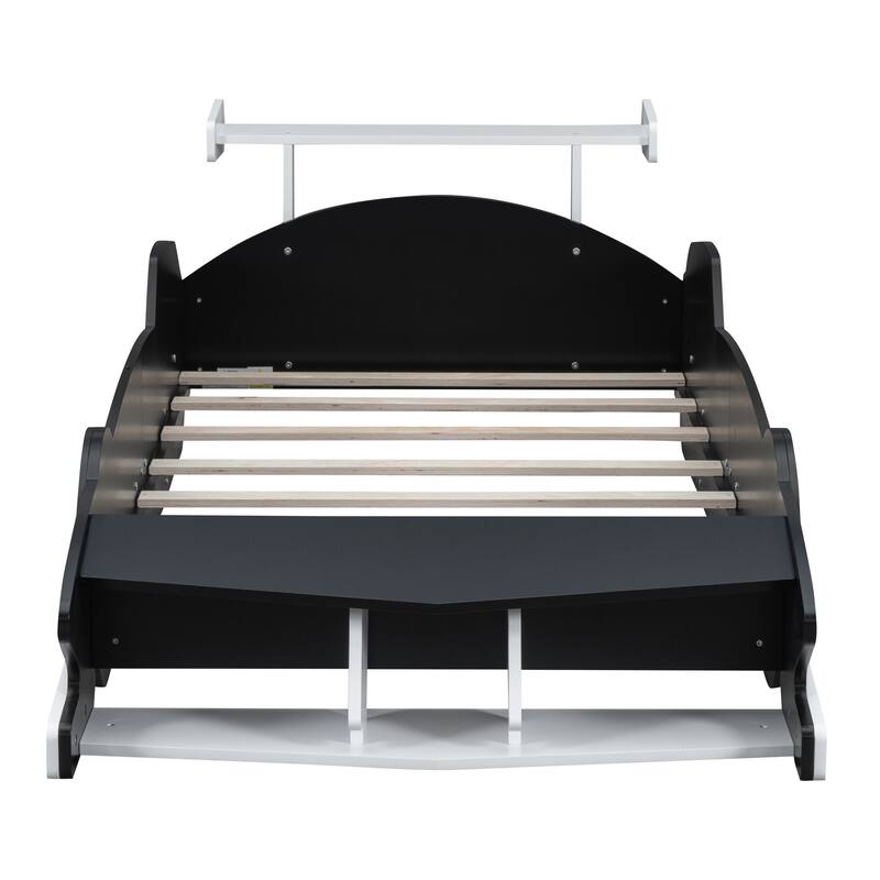 Race Carshaped Toddler Floor Bed Twin Size Grounded Bed with Front Storage Shelves, Wheels and Guardrail, Wooden Platform Bed