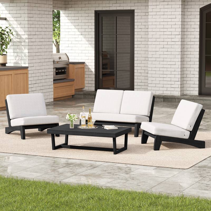 4 Set Outdoor Patio Teak Wood Club Chairs Loveseat with Cushion - Beige - BlackFrame