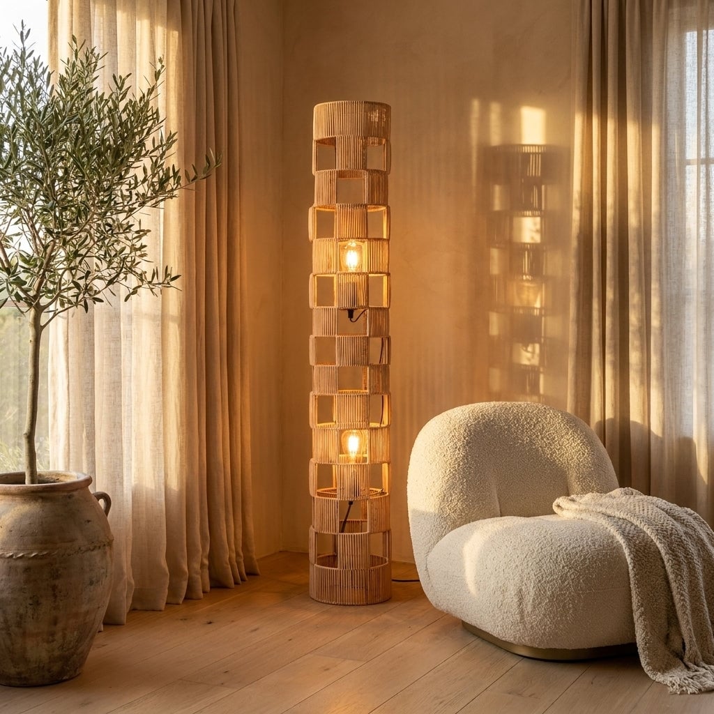 2-Lights handcrafted Natural Modern Rattan Floor Lamp - 47" Tall