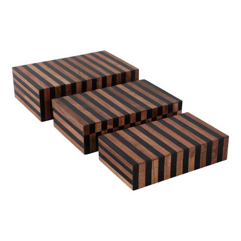 Wood Resin Storage Boxes Striped Modern Design (Set of 3) - 3/4" Brown - 12" x 8" x 3.5"
