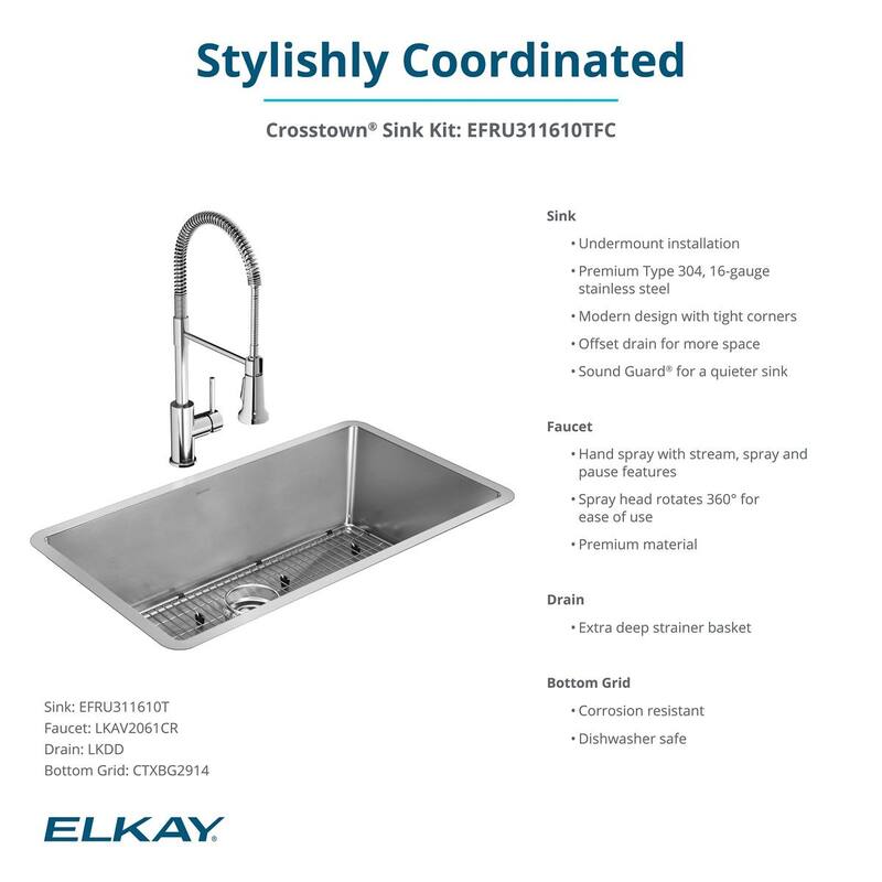Elkay Crosstown 16 Gauge Stainless Steel 32-1/2" x 18" x 10", Single Bowl Undermount Sink Kit