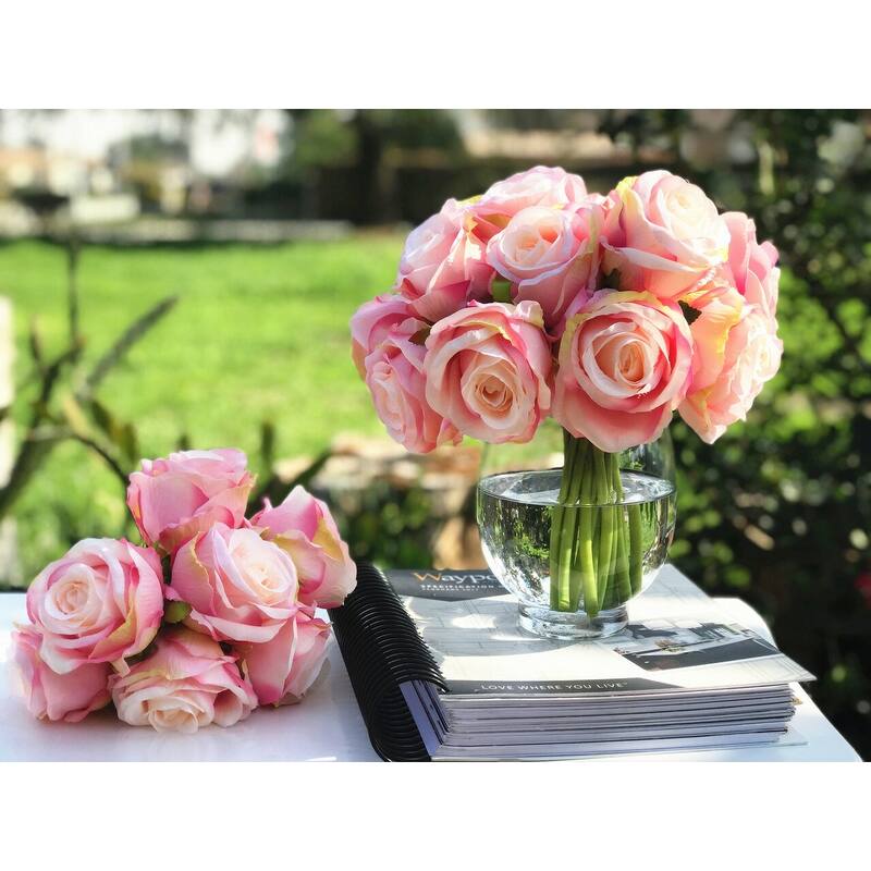 Enova Home Pink Artificial Silk Open Roses Fake Flowers Arrangement in Clear Glass Vase with Faux Water for Home Decoration