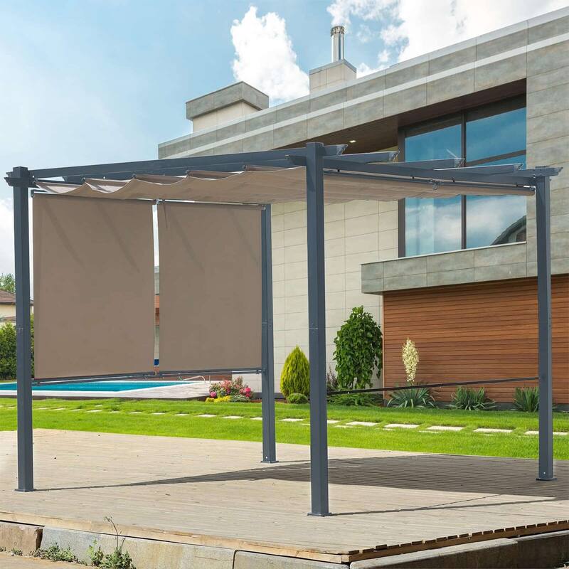 Aoodor 10 x 10 FT Outdoor Pergola with Retractable Shade Canopy, 4 Pieces Roller Shade Curtain - Khaki