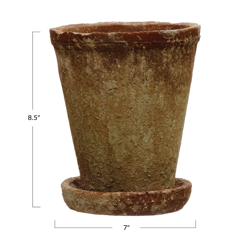 Cement Planter with Saucer, Distressed Terra-cotta Finish
