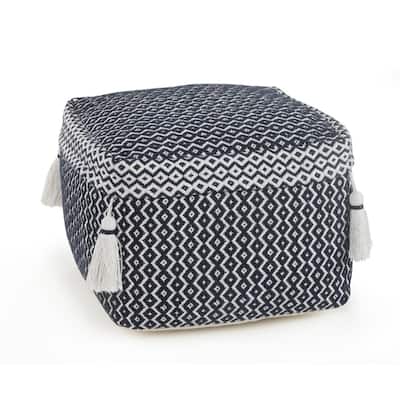 Blue Cotton Pouf Ottoman 18 Inch Geometric Pattern Seat or Footrest