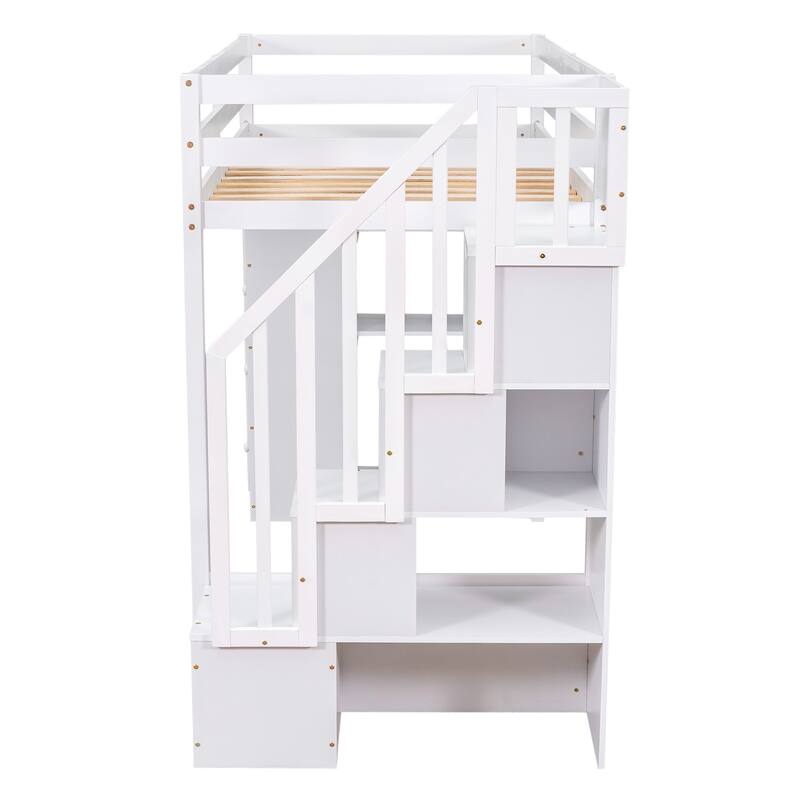 Twin Loft Bed with Storage Stairs, Drawers, and Shelves, Space-Saving Wooden Bed for Kids