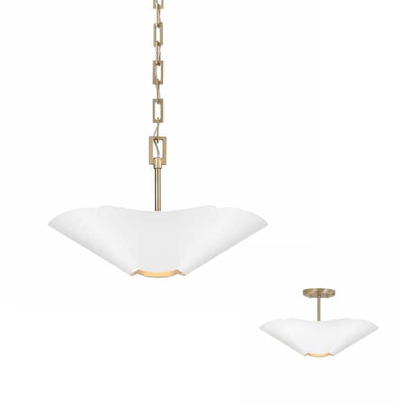 slide 2 of 4, 4-Light Modern Botanical Dual Mount Pendant in Matte White with Painted Matte Brass Interior and Square Designer Chain 18.5"W x 11.5"H