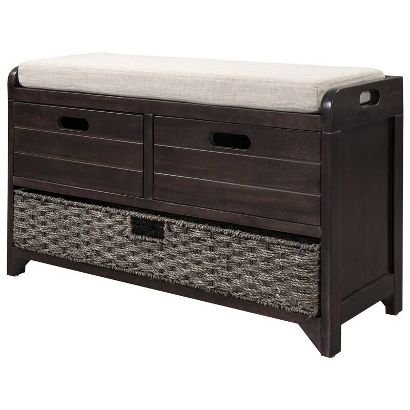 Grondin Retro Framhouse Style Entry Storage Shoe Bench with Padded Cushion, 2 Drawers and Removable Basket