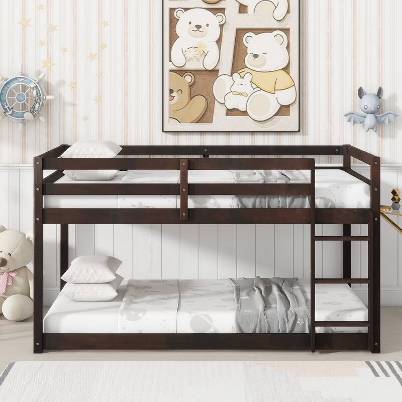 Wooden Twin over Twin Floor Bunk Bed with Ladder, with Bed Platform of Strengthened Slats