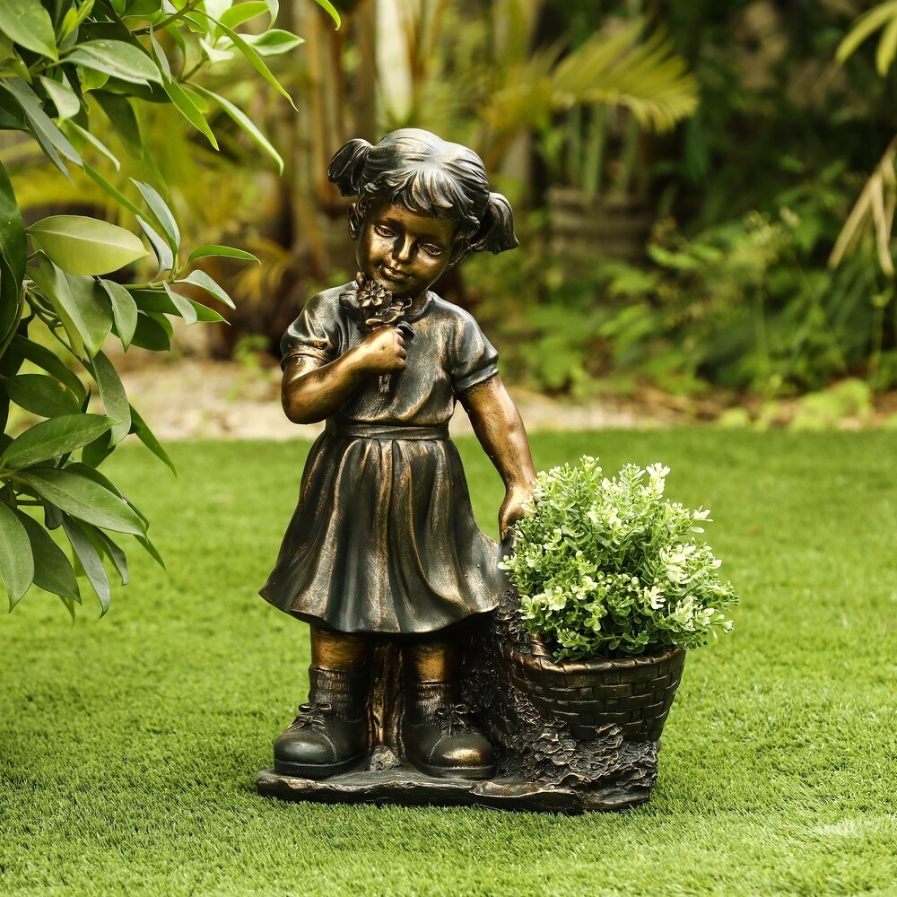 Girl Picking Flowers and Plant Holder Garden Statue
