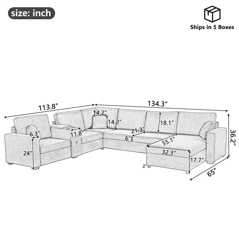 GDFStudio - 134" Modular Chenille U-Shape 5-Seat Sectional Sofa with Storage