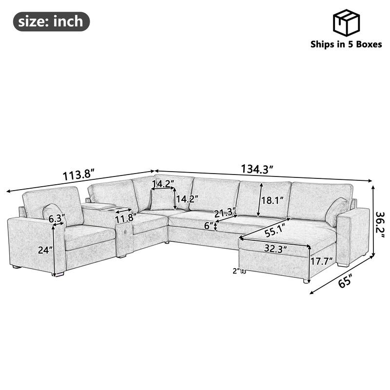 Modern 5-Seat Modular U-Shaped Sectional Sofa with Chaise, Storage Drawer, Built-In Cup Holders and Throw Pillows