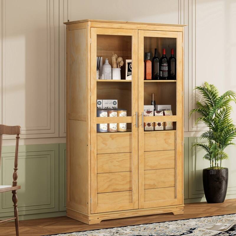 75" Tall Pine Wood Kitchen Pantry Cabinet with Glass Doors Four Drawers and Anti-Tipping Safety Features