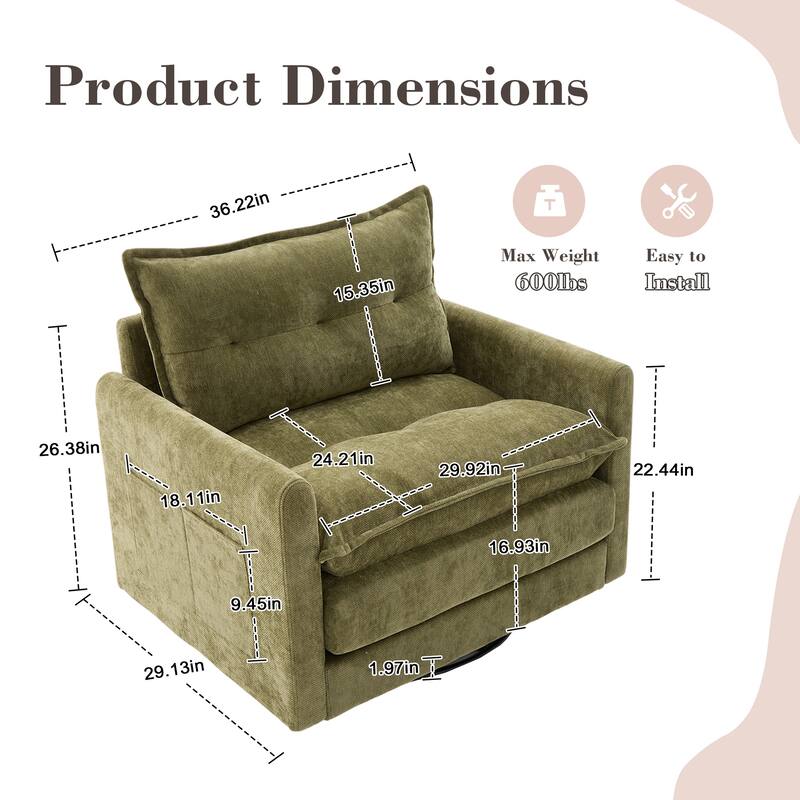 HOMEFUN Chenille Upholstered 360°Degree Swivel Mid Century Modern Arm Chair with Side Pocket for Living Room
