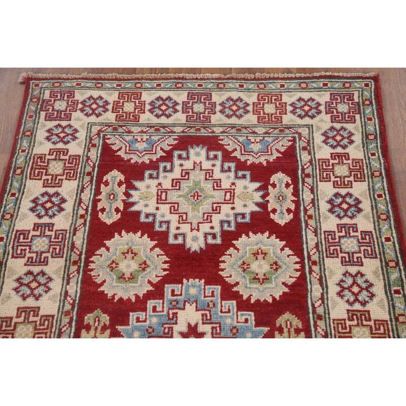 Hand Knotted Oriental 100% Wool Carpet Traditional Geometric Red Kazak Runner Rug - 6' 8'' X 2' 10''