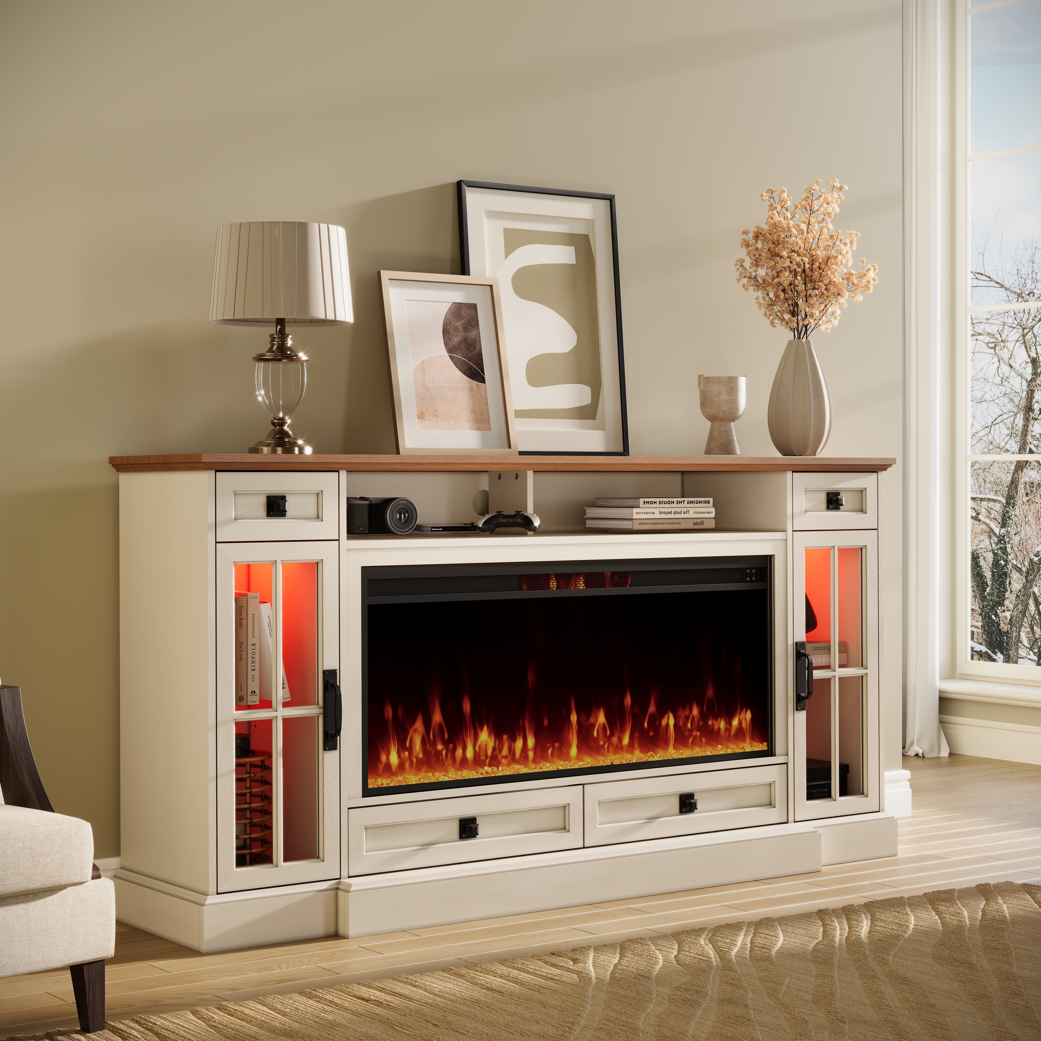 Farmhouse Fireplace TV Stand for 80 Inch TV, Entertainment Center