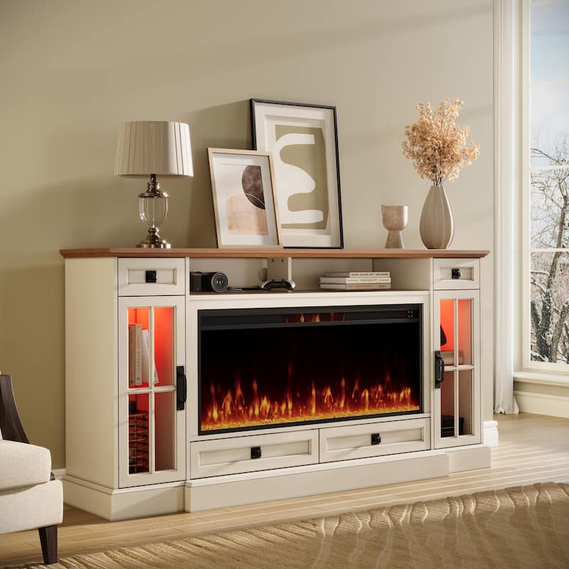 Fireplace TV Stand for 80" TV, Farmhouse Entertainment Center with LED - White