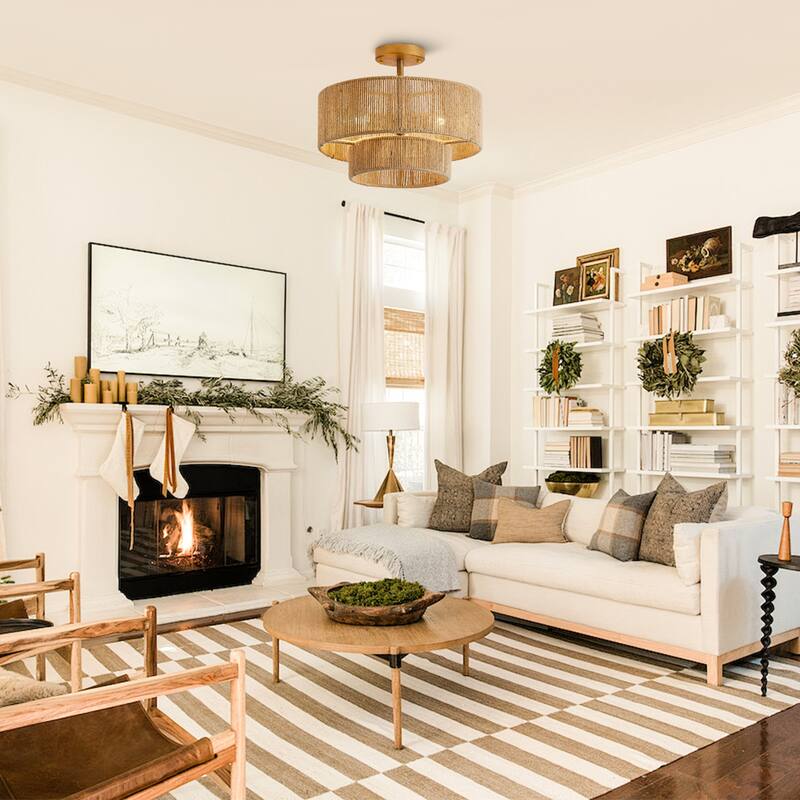 Bohemian Gold Natural Handmade Jute Rope 3-Light Two-Tier Drum Semi-Flush Mount Ceiling Light - 15.4"Wx12.6"H