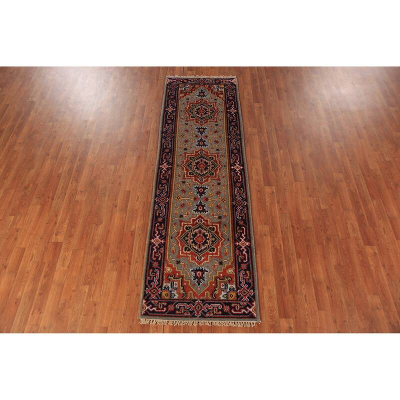 Geometric Heriz Serapi Runner Rug Hallway Hand-Knotted Wool Carpet - 2'6"x 7'10"