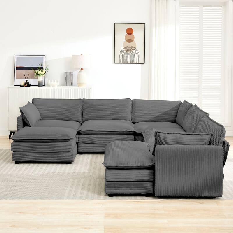 7-Seater Corduroy Sectional Sofa with 2 Removable Ottomans & Corner Seat, Soft & Comfortable - 5 Seats with 2 Ottoman